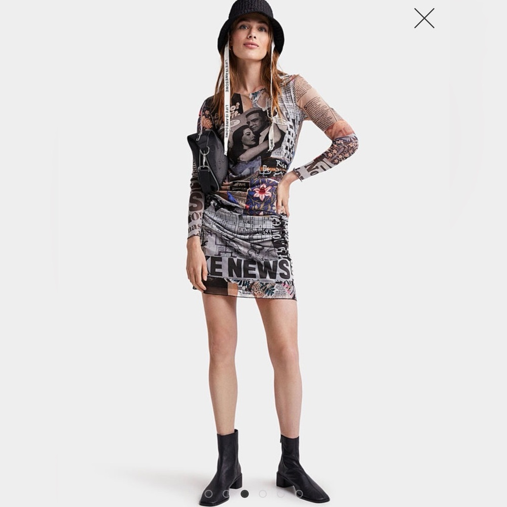 DESIGUAL Breaking News Tulle Newsprint Long Sleeve Mini Dress - Picture 5 of 7